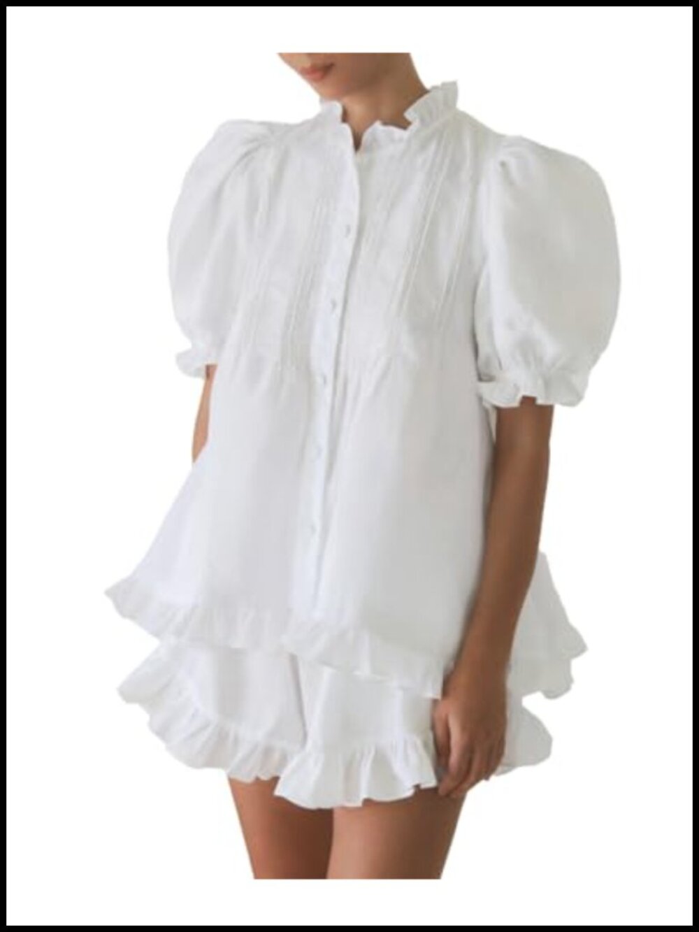 Womens 100% Cotton Ruffle Pajama Set Puff Sleeve Button Down 2 Piece Shorts Set